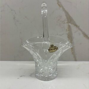 Vintage Bohemian Hand Cut Lead Crystal Basket with Handle Pinwheel Pattern